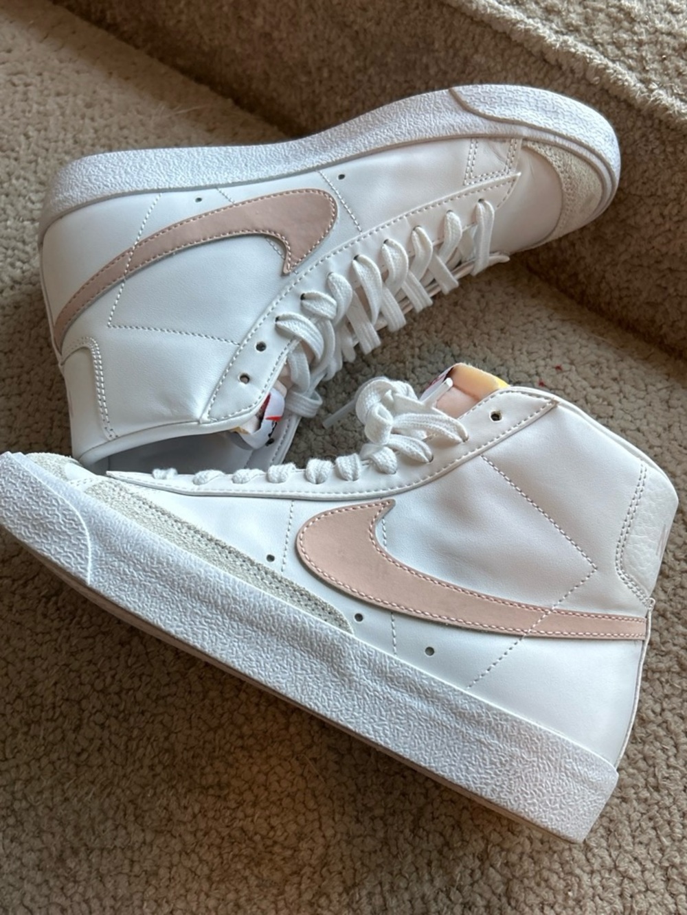 Nike Women's High-Top Sneakers - White with Pale Pink Swoosh